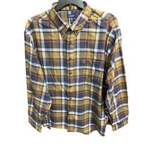 IZOD Stratton Flannel 2XL Shirt Men Dull Gold Navy Blue Plaid Wicking Quick Dry